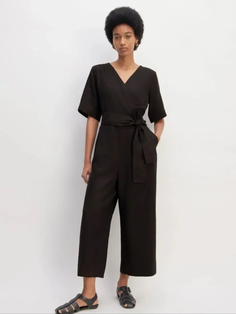 NEW Everlane The Wrap Linen Black Wrap-Front Wide-Leg Short Sleeve Jumpsuit 8